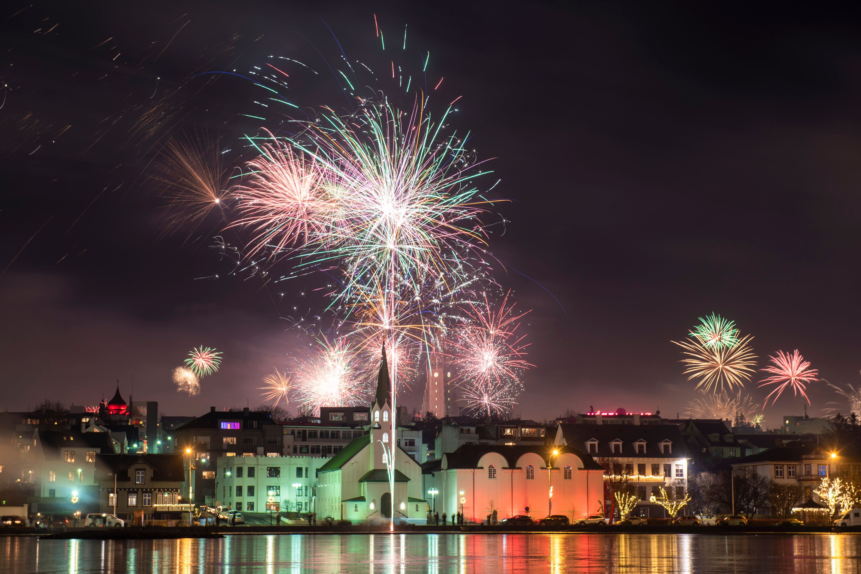 People watching fireworks in Reykjavik on New Year's Eve