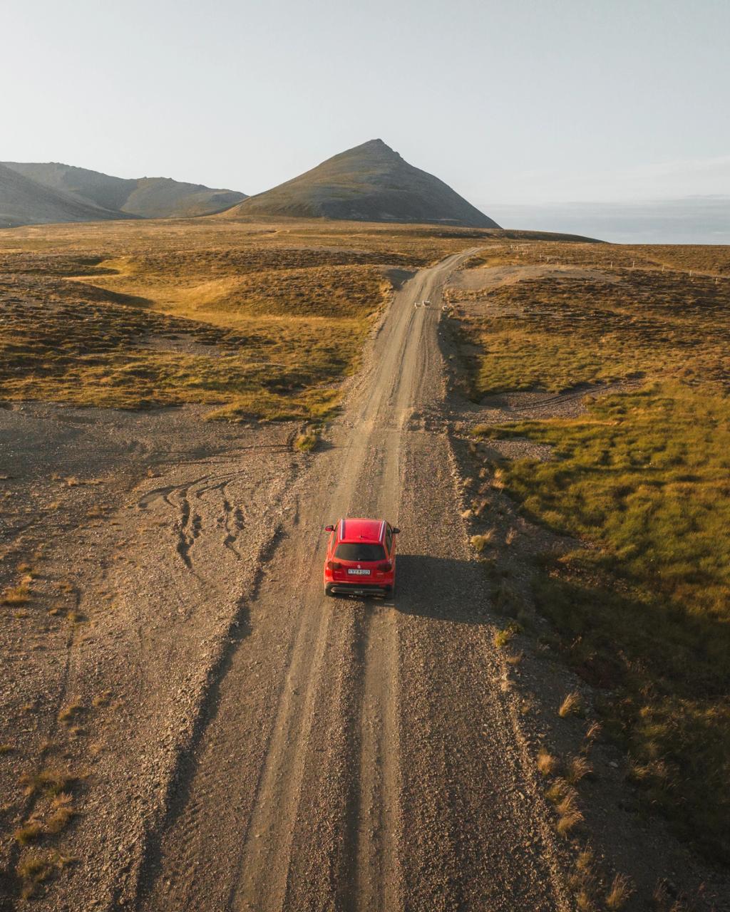 Roter 4x4 Suzuki Vitara Mietwagen fährt in Island von der Kamera weg
