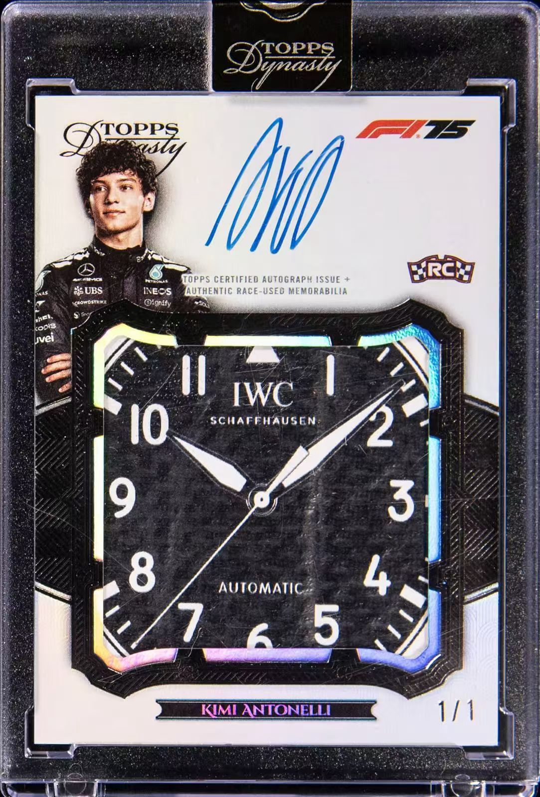 The Topps Dynasty Kimi Antonelli one-of-one race-used glove patch autograph card.