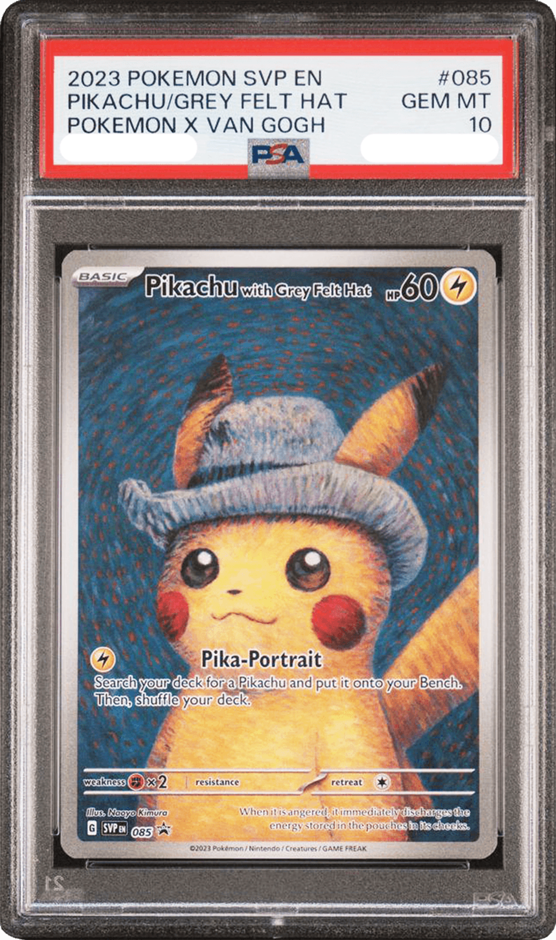 The PSA 10 graded 2023 Pokémon x Van Gogh "Pikachu with Grey Felt Hat" card in its slab.