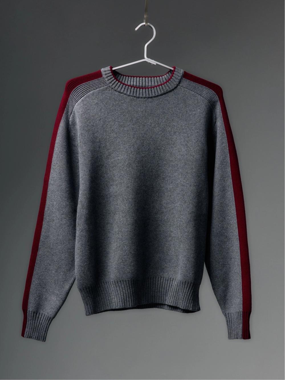 Grey crew knit with burgundy side stripe