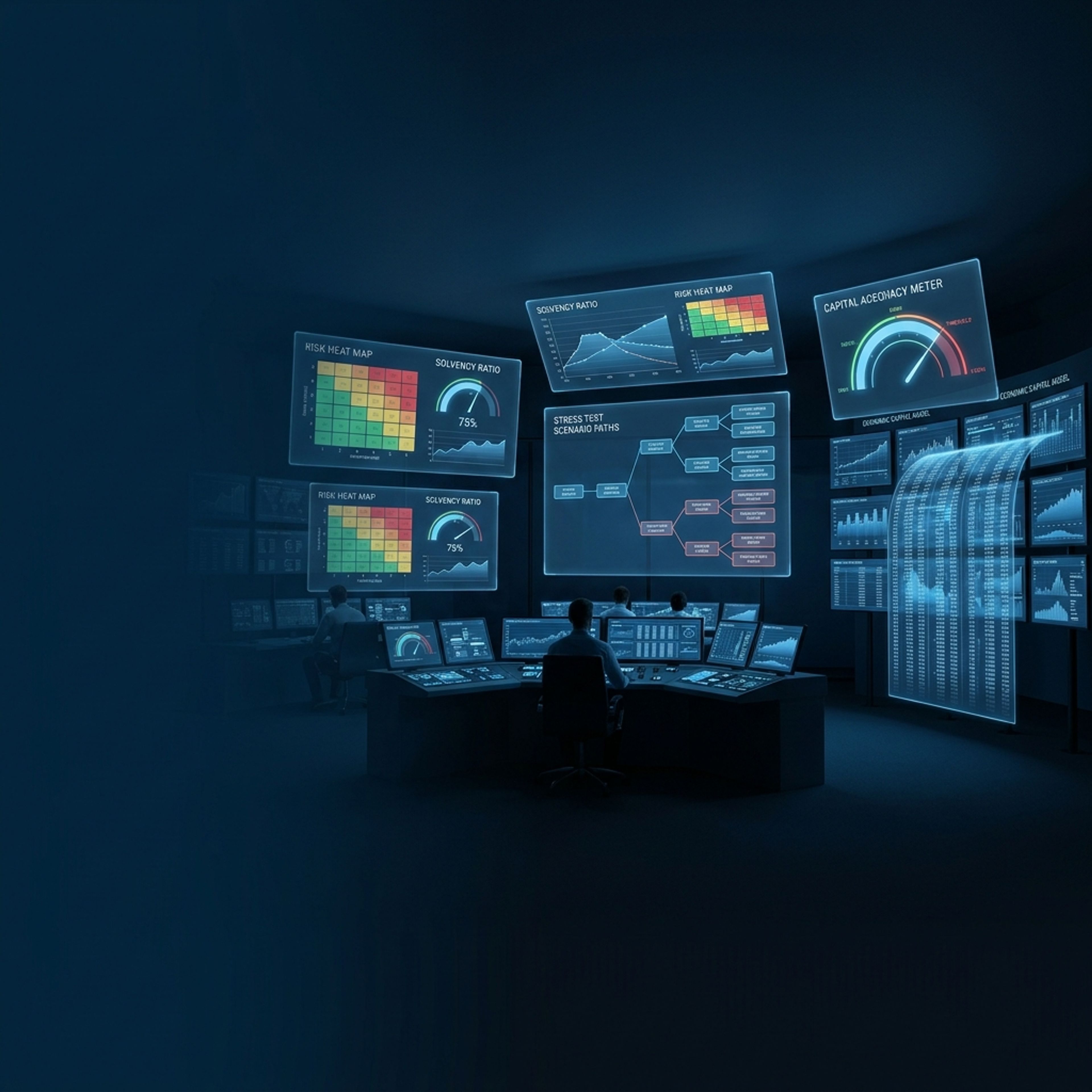 Abstract risk heat maps and solvency gauges in a control room