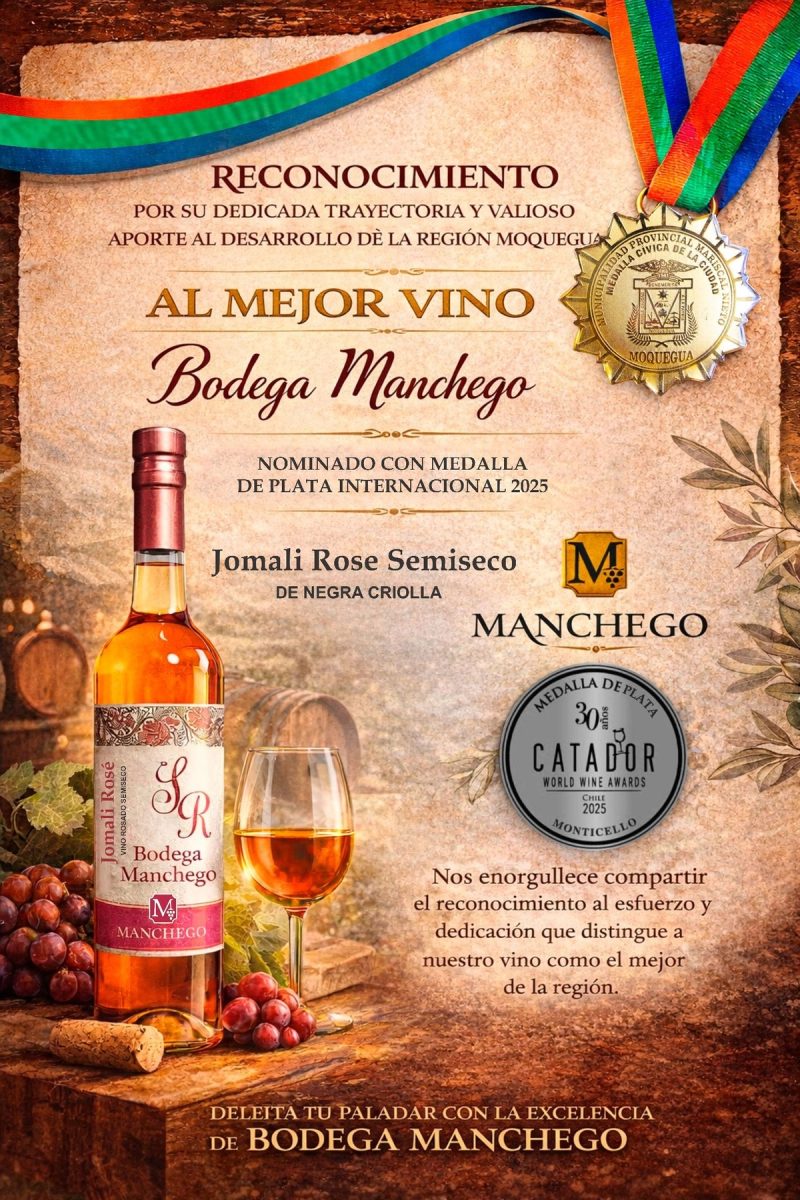 Reconocimiento al mejor vino (2023) - Gobierno Regional de Moquegua. Festival del Vino del Sur. Bodega Manchego, Moquegua.