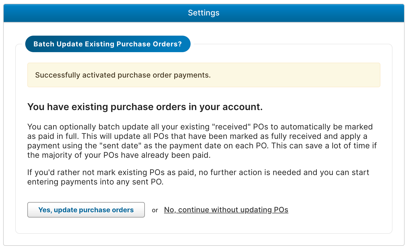 Batch update existing purchase orders