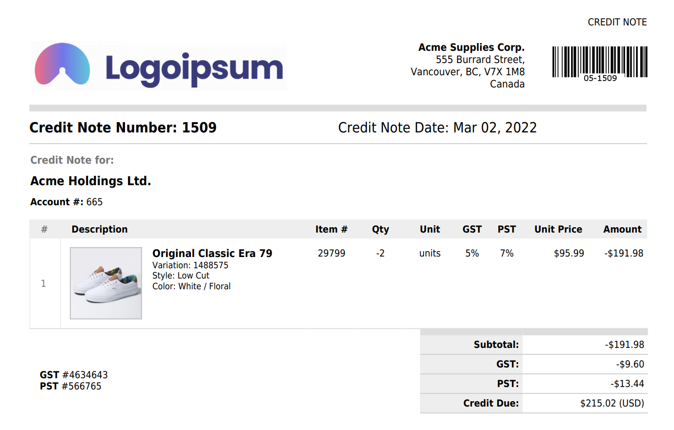 Credit Note sample