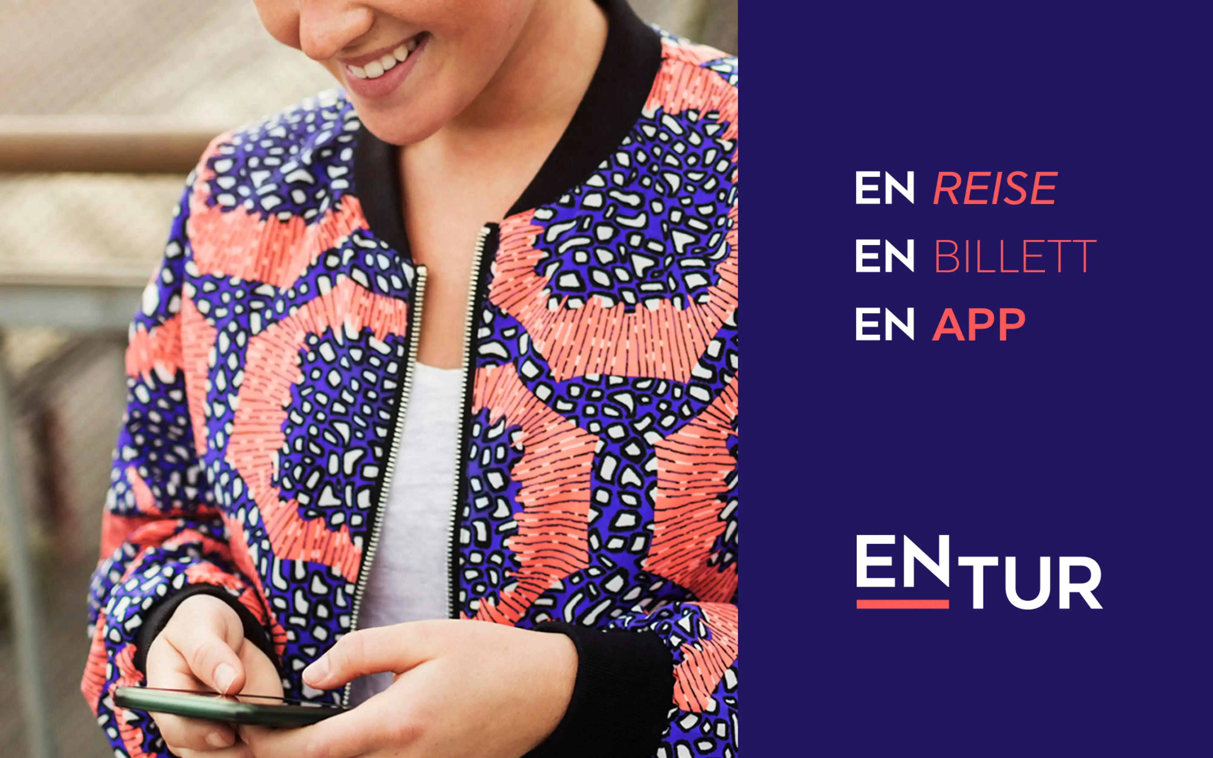 Reklamebilde for entur sin app med slagordet: «En reise, en billett, en app».