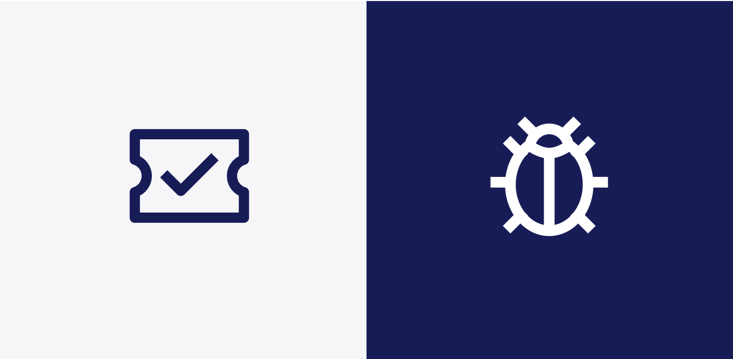 En sammenligning av to ikoner der det venstre er en billett og det høyre er en bille.