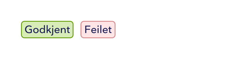 To tagger: Godkjent i grønt og Feilet i rosa, der kategorifargen er valgt for det den betyr.