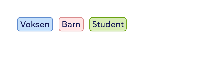 Tre korte tagger: Voksen, Barn, Student.