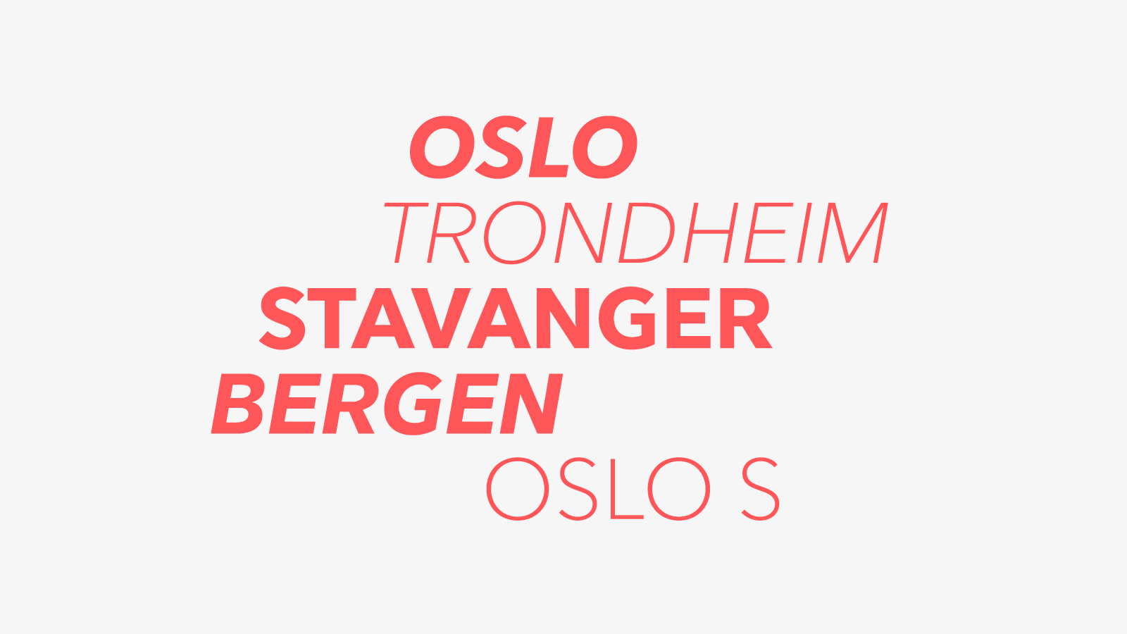 Viser forskjellig tekst i korall på lyse grå bakgrunn.