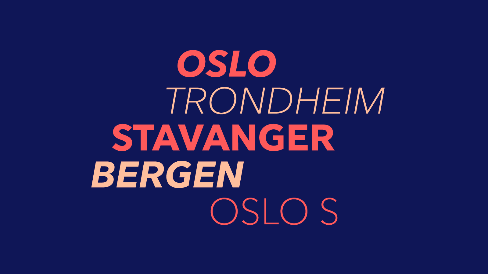 Viser forskjellige tekst i korall og fersken på mørk blå bakgrunn.