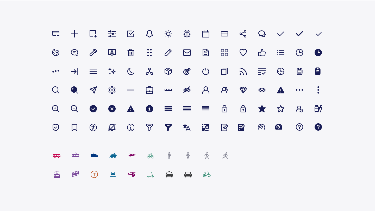 Et oversiktsbilde som viser et større utvalg at tilgjenglige Entur-ikoner