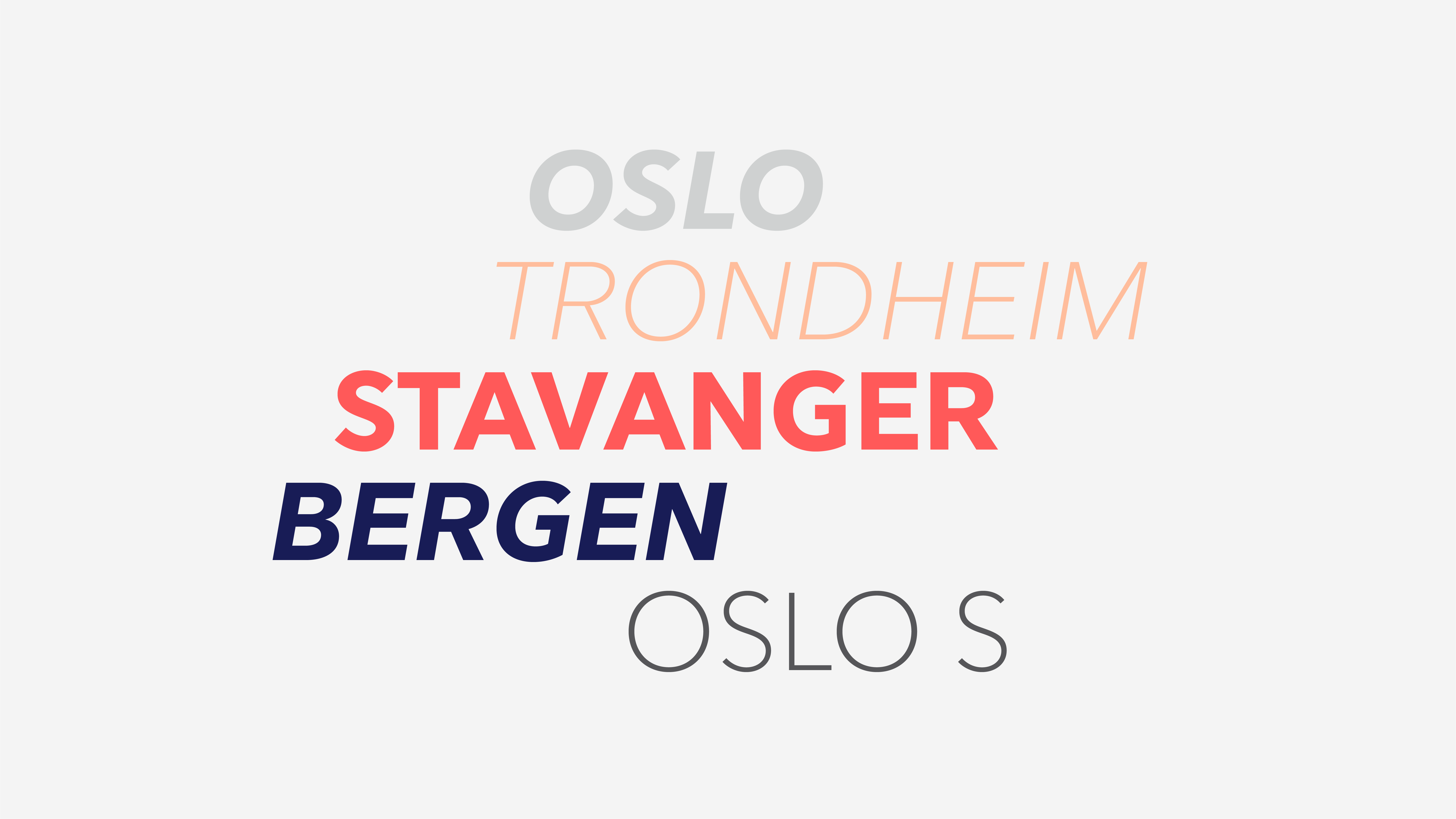 Viser forskjellig tekst i korall, grå, peach og mørke blå på lyse grå bakgrunn.