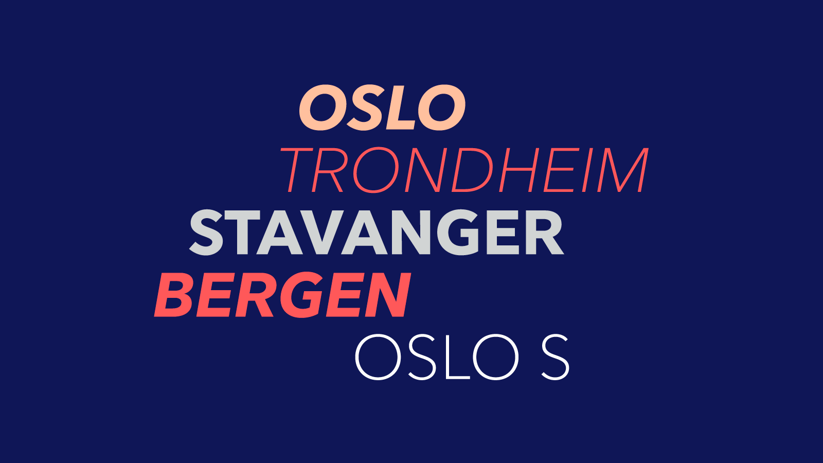 Viser forskjellig tekst i korall, peach, lyse grå på mørke blå bakgrunn.