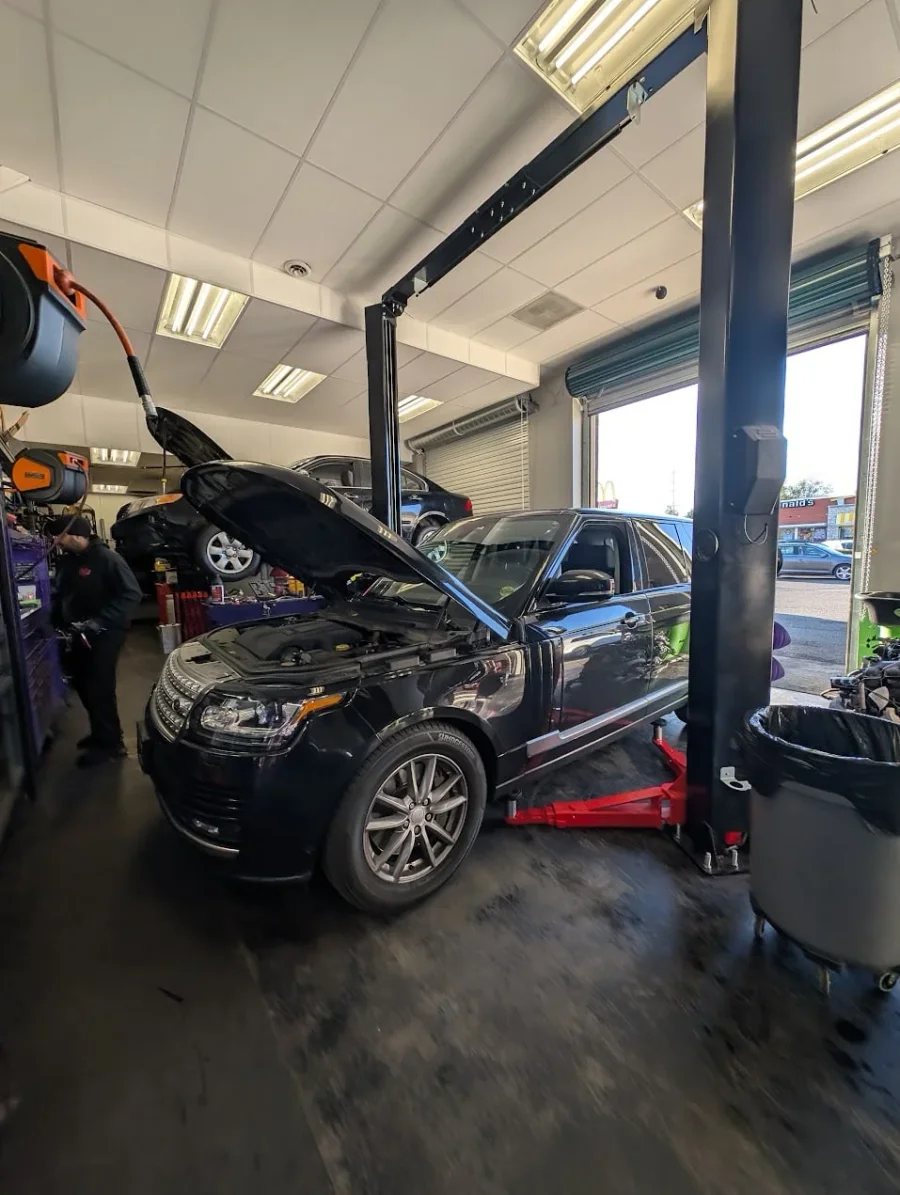 A view inside the shop with several cars being worked on.
