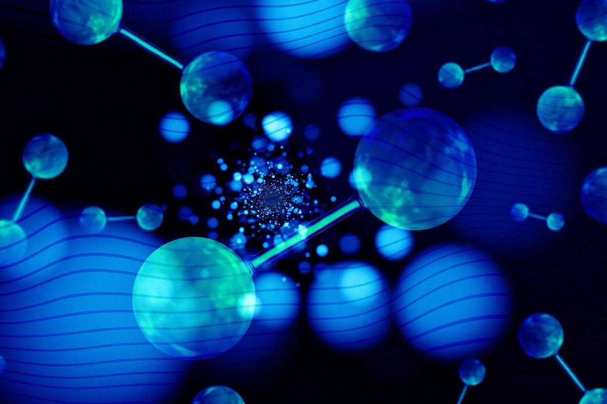 Blue molecules on a black background