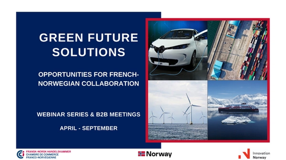 Banner for green future energy solutions. picture of windturbines, Hurtigruta electric ferry, an electric car and containers