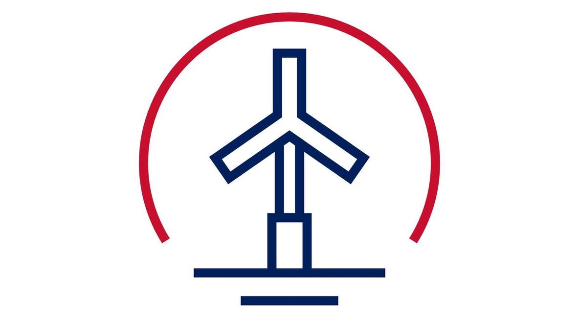 An icon of a blue wind turbine on a white background.