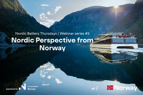Vision of the Fjord - Norway`s first electric ferry with people standing on deck.