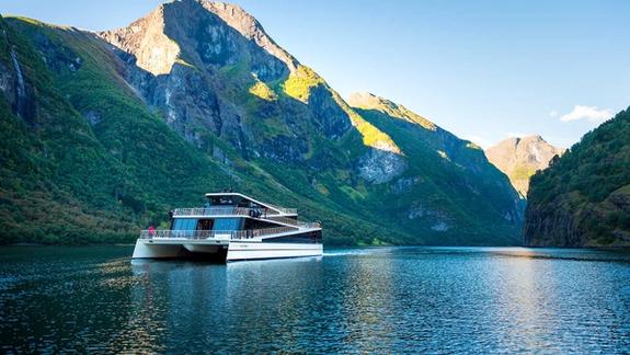 The boat, Vision of The Fjords in the Nærøyfjord, a fjord arm of the Sognefjord