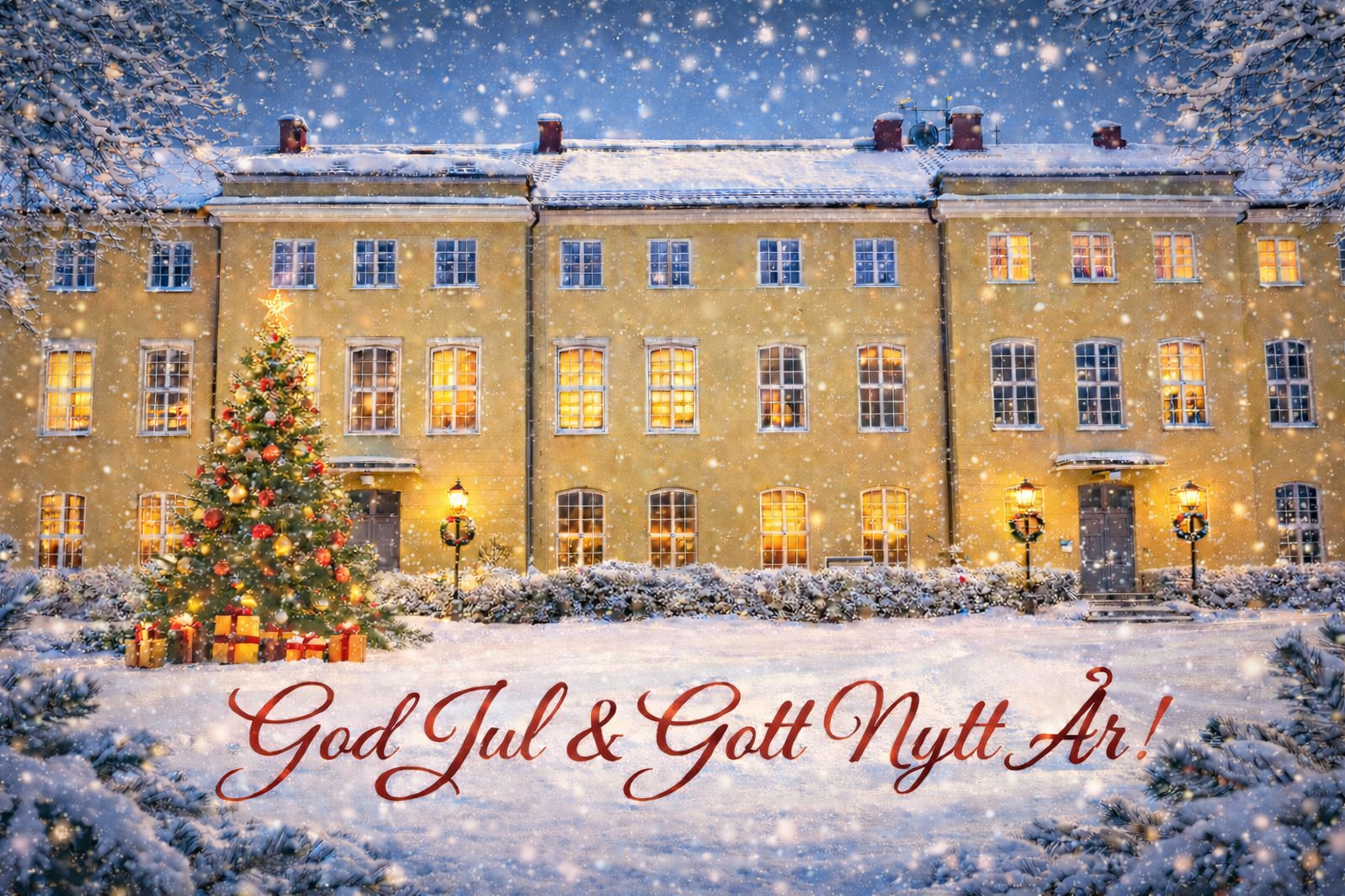 Snö som faller på skolans huvudbyggnad där vi önskar god jul och gott nytt år