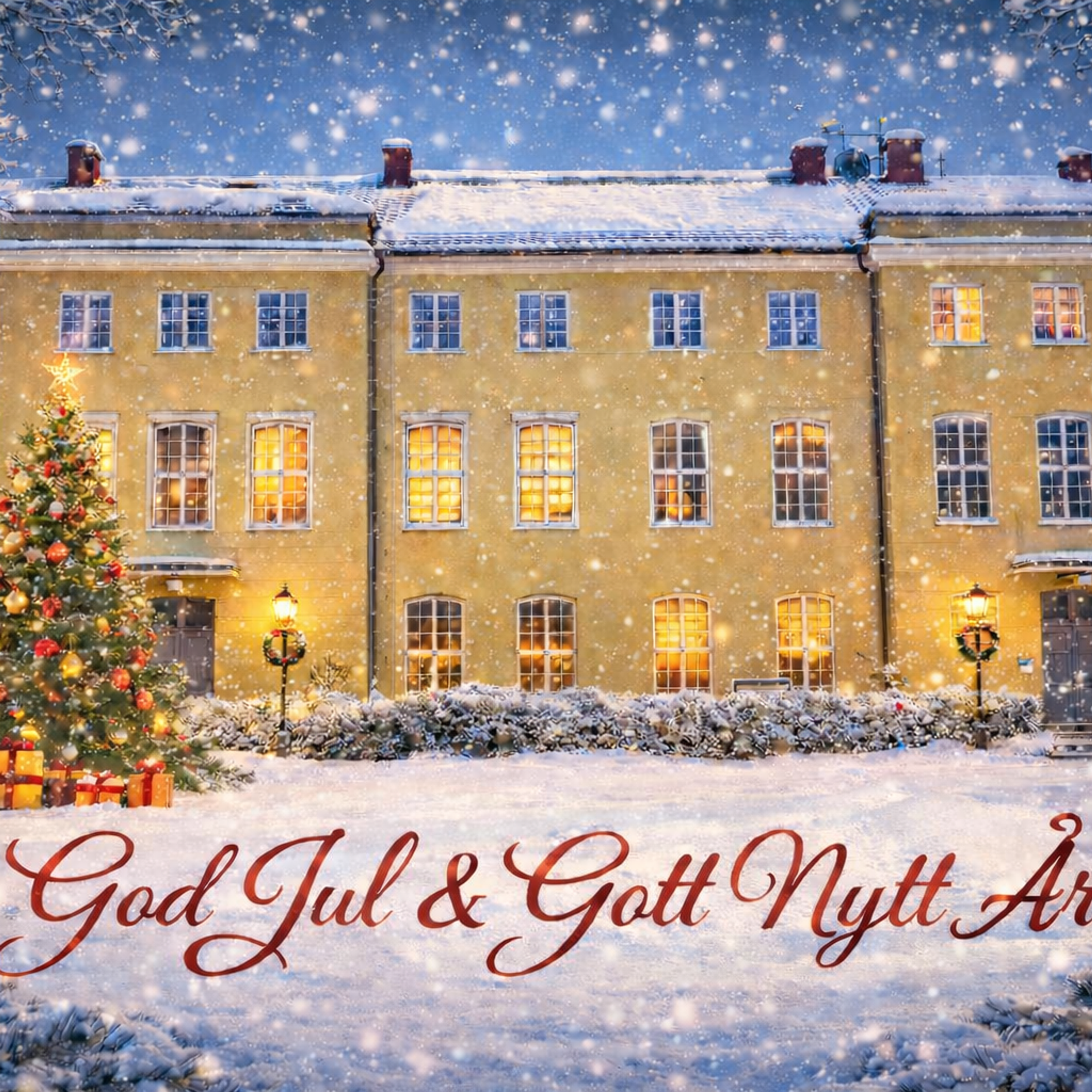Snö som faller på skolans huvudbyggnad där vi önskar god jul och gott nytt år