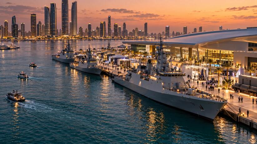 Concept illustration of naval vessels moored beside a waterfront exhibition hall at dusk