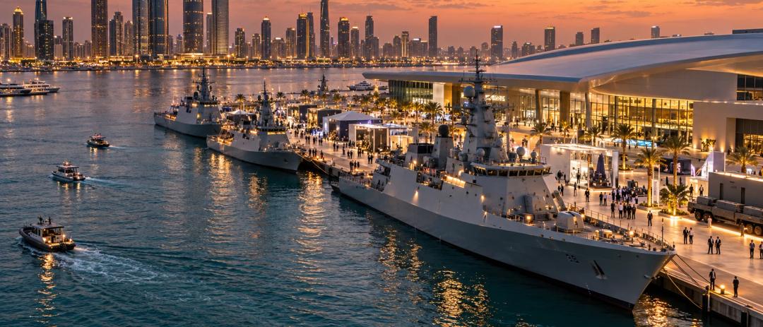 Concept illustration of naval vessels moored beside a waterfront exhibition hall at dusk