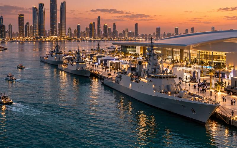 Concept illustration of naval vessels moored beside a waterfront exhibition hall at dusk