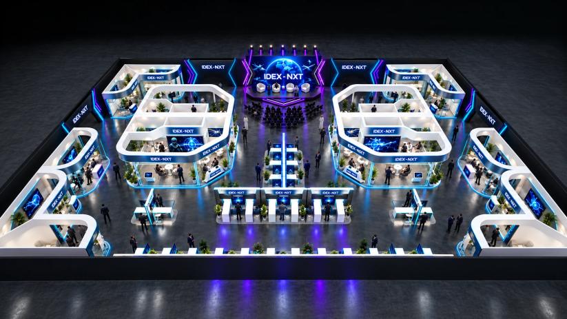 Concept illustration of an IDEX NXT exhibition floor, with stands arranged around a central stage