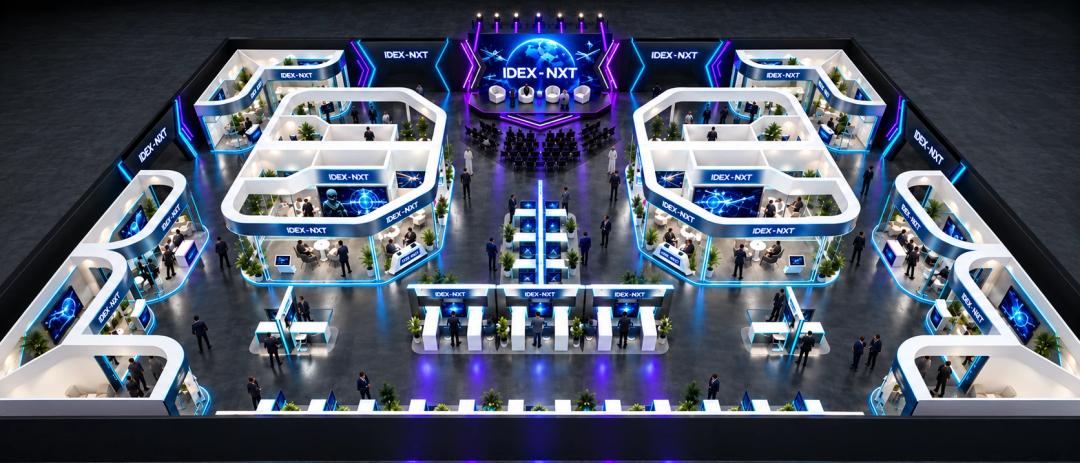 Concept illustration of an IDEX NXT exhibition floor, with stands arranged around a central stage