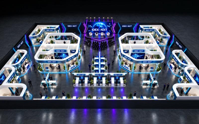 Concept illustration of an IDEX NXT exhibition floor, with stands arranged around a central stage