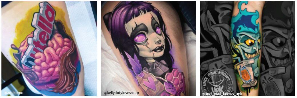 Colourful New School tattoo with graffiti-inspired elements and bold black outlines on upper arm