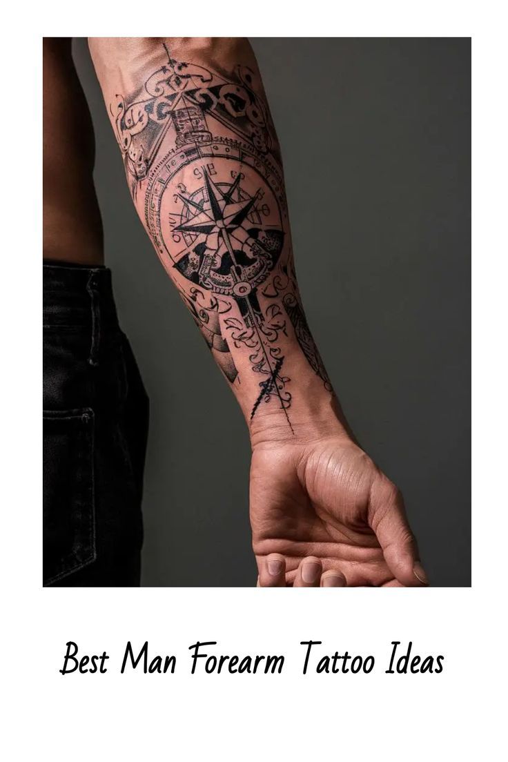 Detailed forearm tattoo with intricate shading and black ink work