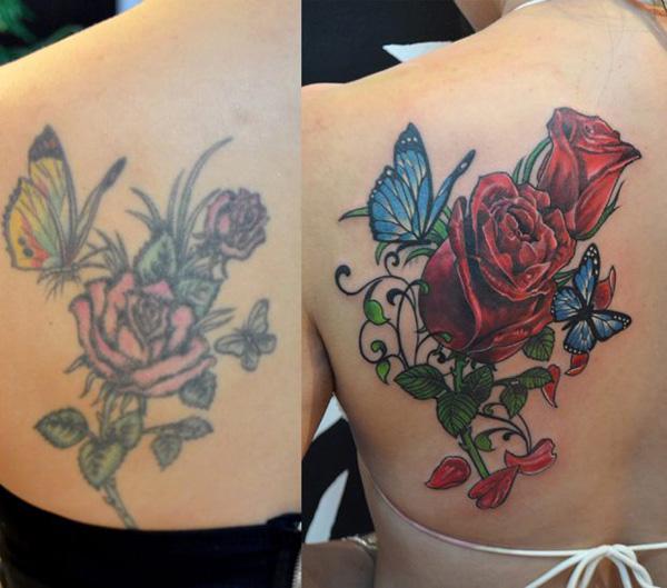 Rose and butterfly cover-up tattoo with vibrant color work on forearm