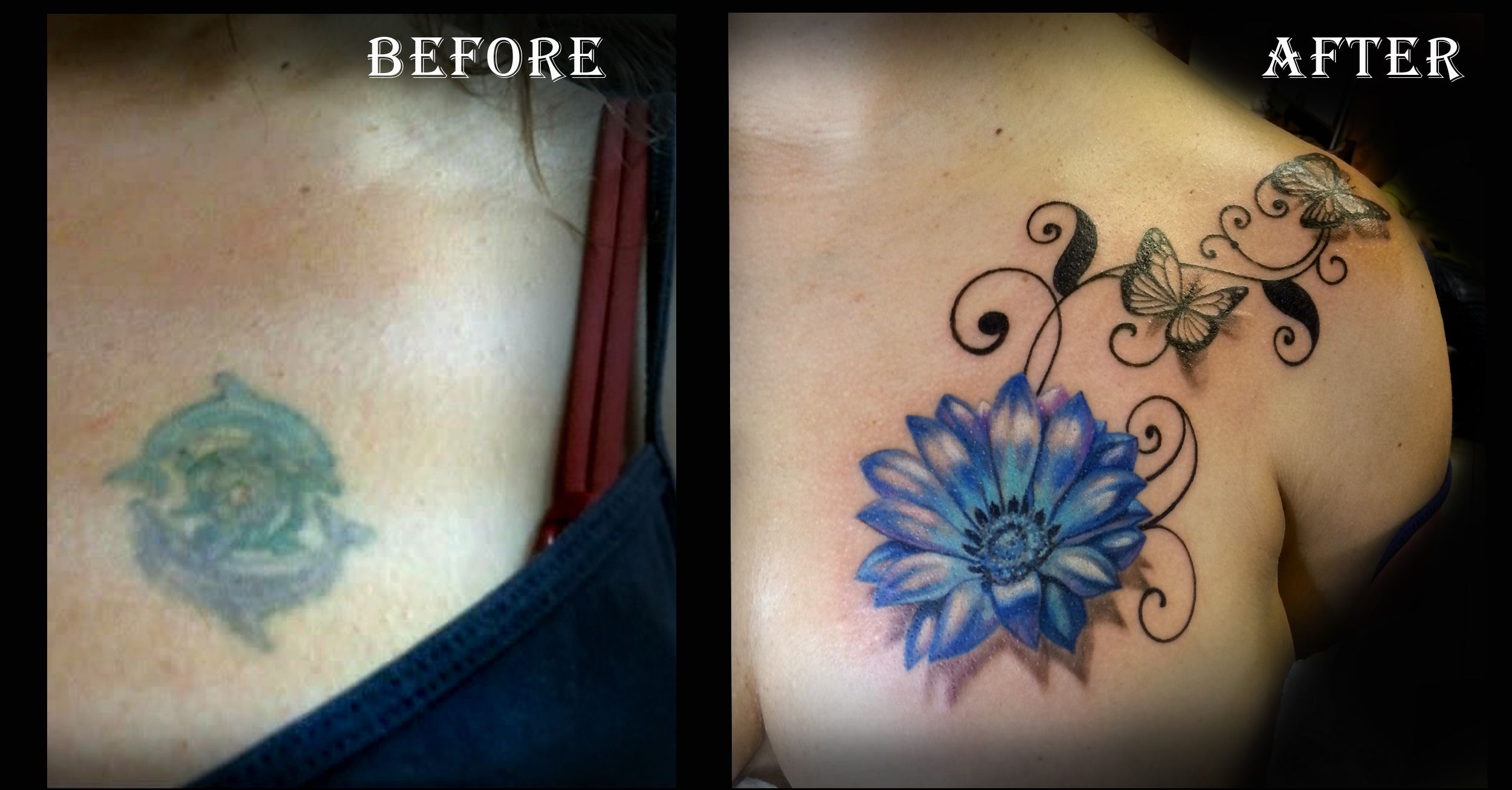 Before and after cover-up tattoo showing complete concealment of old design