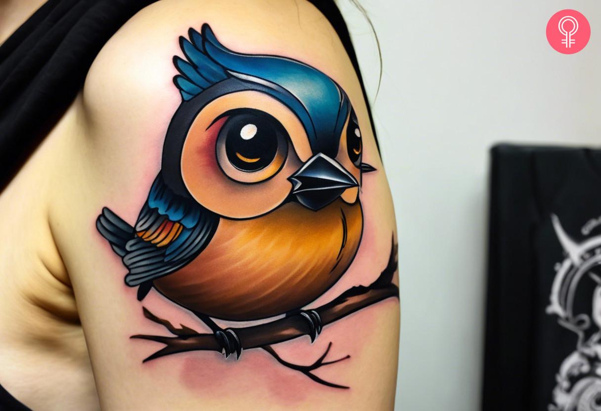 New School tattoo πουλιού με κορεσμένα χρώματα και καρτούν αναλογίες