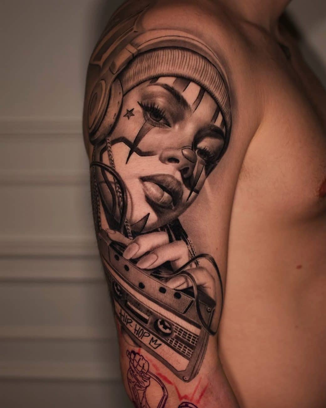 Chicano payasa tattoo with black and grey realism portrait style