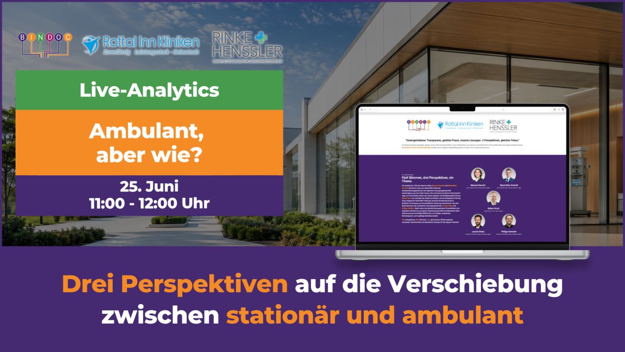 Banner zur Live-Analytics-Session zur Ambulantisierung „Ambulant, aber wie?" am 25. Juni 2026 mit BinDoc, Rottal-Inn Kliniken und RINKE+HENSSLER.