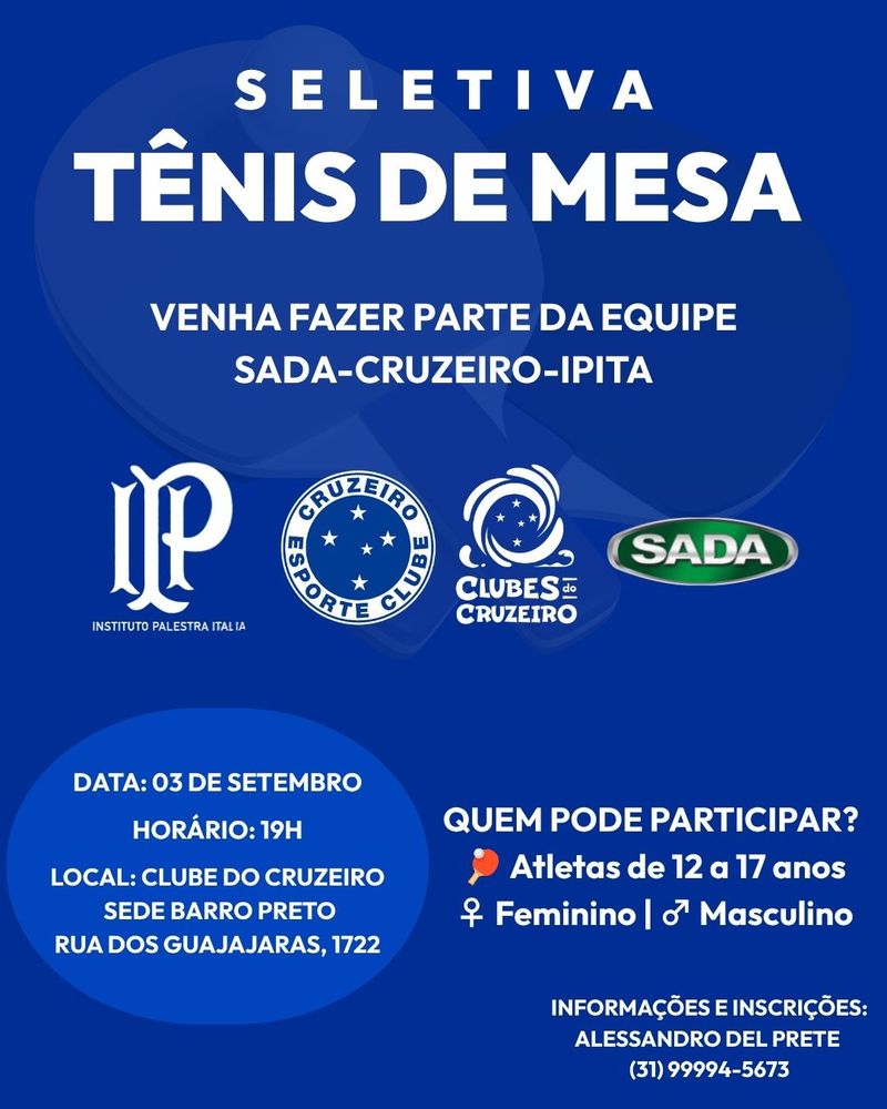 Cruzeiro lança projeto Raquete Estrelada para formação de jovens talentos no tênis de mesa