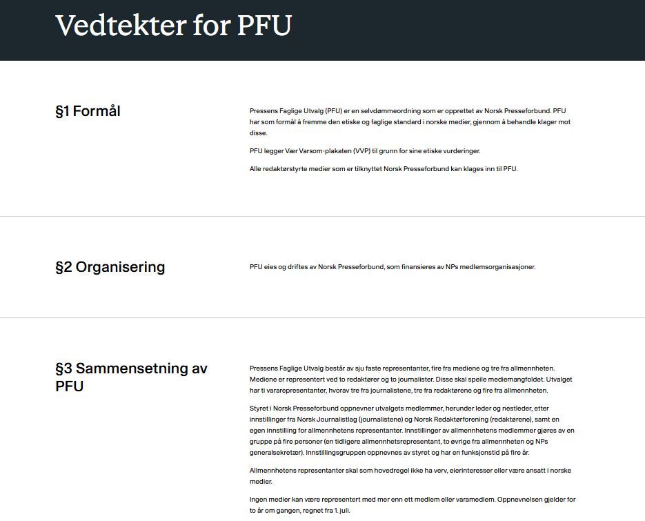 Skjermbilde fra NPs nettside av første del av PFUs vedtekter