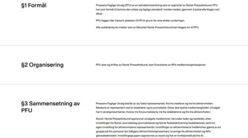 Skjermbilde fra NPs nettside av første del av PFUs vedtekter