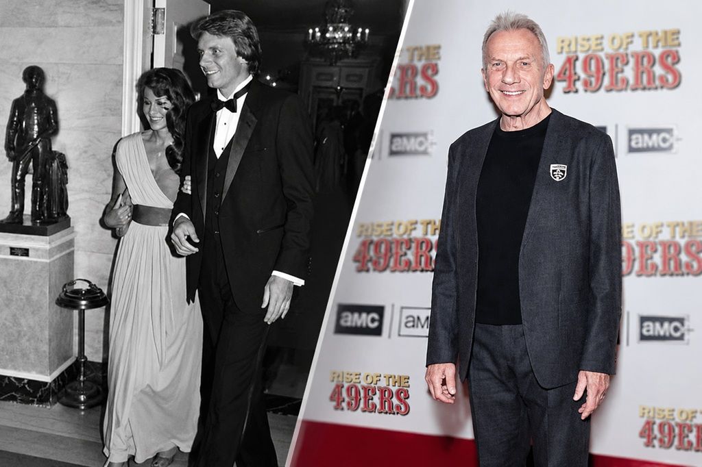 Young Joe Montana, Cass Castillo in a black-and-white formal photograph alongside an older Joe Montanasmiling in a dark suit at a red-carpet event.