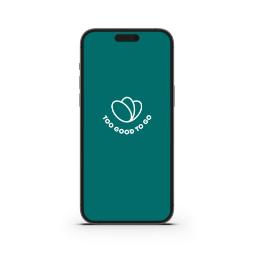 en telefon med et logo, hvor der står Too Good To Go