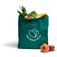 a green too good to go bag filled with fruits and vegetables