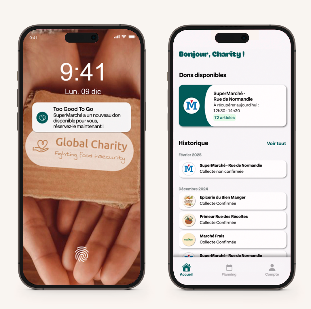 Two smartphones display food donation apps. The left shows a lock screen with hands holding cardboard, displaying notifications for "Too Good To Go" and "Global Charity, Fighting food insecurity." The right shows a donation app dashboard with available supermarket food items and collection history.