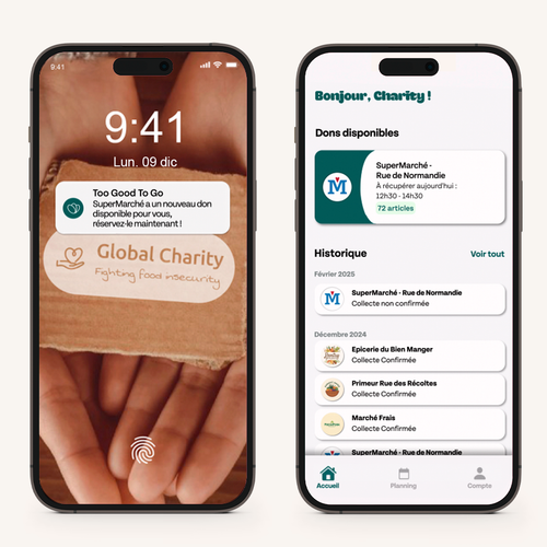 Two smartphones display food donation apps. The left shows a lock screen with hands holding cardboard, displaying notifications for "Too Good To Go" and "Global Charity, Fighting food insecurity." The right shows a donation app dashboard with available supermarket food items and collection history.