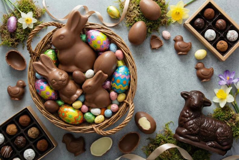 An Easter spread featuring a basket of chocolate bunnies and eggs, alongside chocolate lamb, ducklings, truffles, and spring flowers.