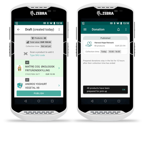 two zebra branded cell phones showing a donation page