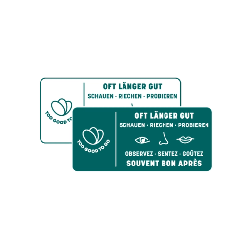 a sticker that says ' oft langer gut schauen riechen probieren ' on it